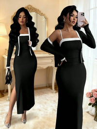 Elegant Pink 2 Piece Set Long Sleeve Cardigan And Slip Dress For Party Formal Evening