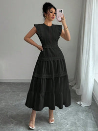 White Lace Trim Tiered Maxi Dress With Puff Sleeve Round Neck