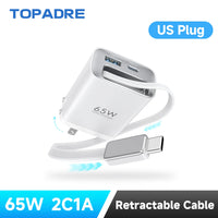 65W GaN PD3.1 Fast Charger With Retractable Cable , 3-Port Type-C + USB-A Travel Adapter For IPhone ,  Laptops, Galaxy Series