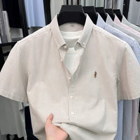 100% Pure Cotton Short Sleeved Shirt 2026 Summer New Men's Button Up Lapel Fine Stripe Middle-aged and Young Half Sleeved Shirt