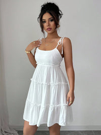 White Swiss Dot Tiered Ruffle Cami Dress Beach Vacation Outfit