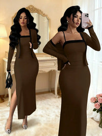 Elegant Pink 2 Piece Set Long Sleeve Cardigan And Slip Dress For Party Formal Evening