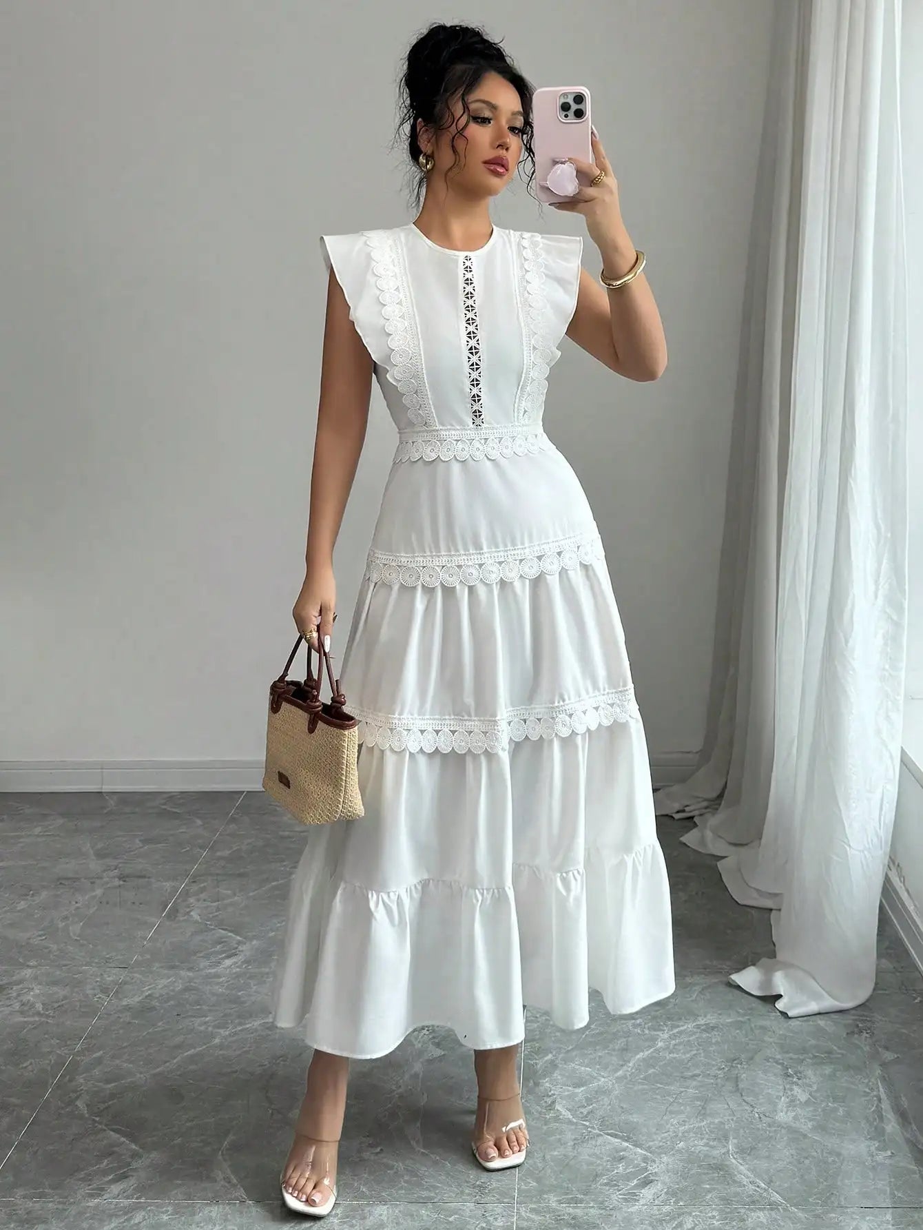 White Lace Trim Tiered Maxi Dress With Puff Sleeve Round Neck