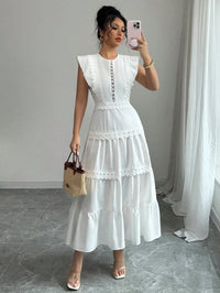 White Lace Trim Tiered Maxi Dress With Puff Sleeve Round Neck