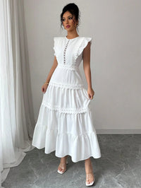 White Lace Trim Tiered Maxi Dress With Puff Sleeve Round Neck