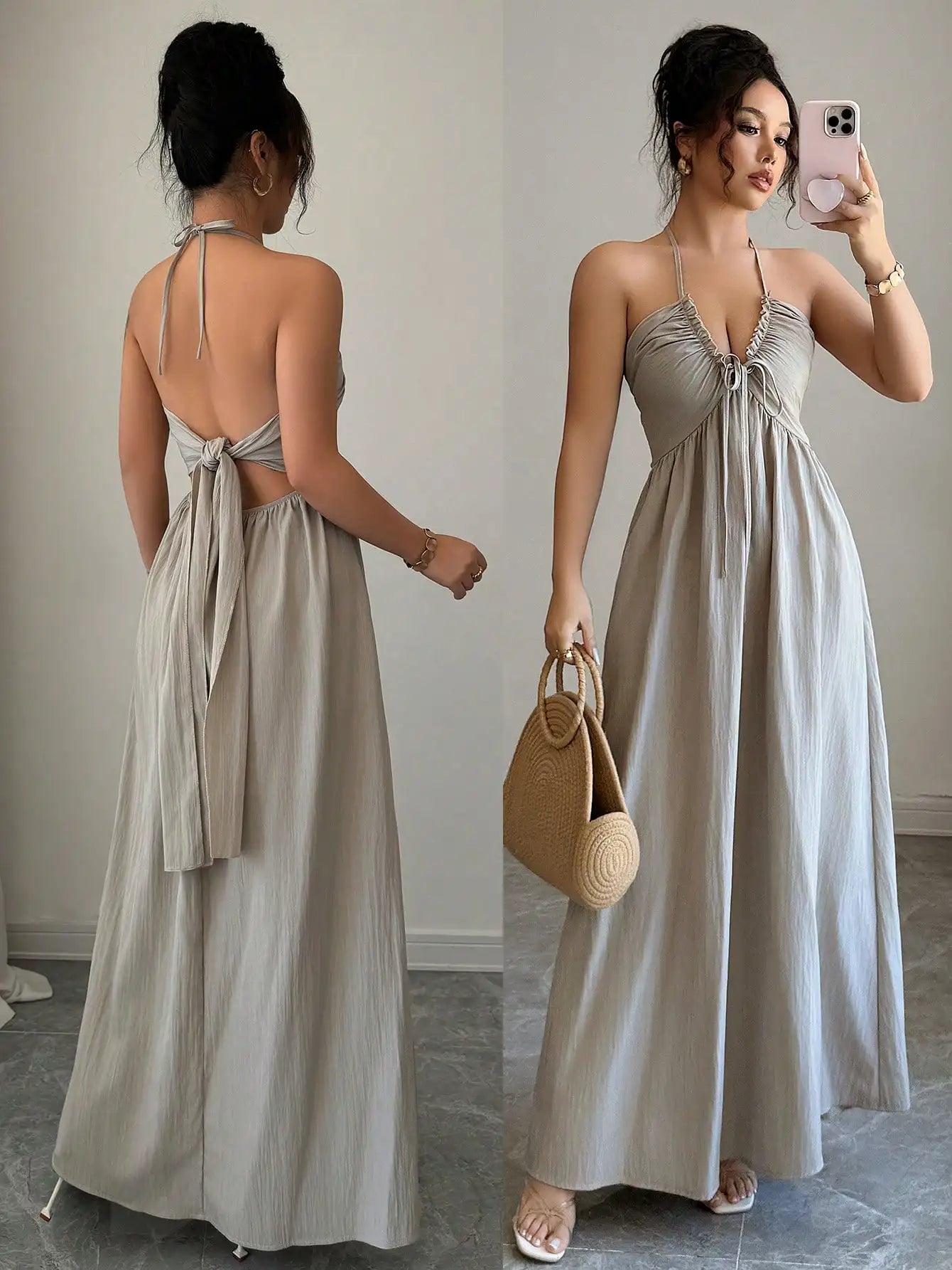 Halter Lace Up Backless A-Line Maxi Dress