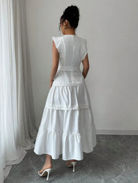 White Lace Trim Tiered Maxi Dress With Puff Sleeve Round Neck