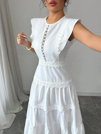White Lace Trim Tiered Maxi Dress With Puff Sleeve Round Neck