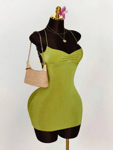Lime Green Ruched Bust Cross Back Tie Strap Mini Dress