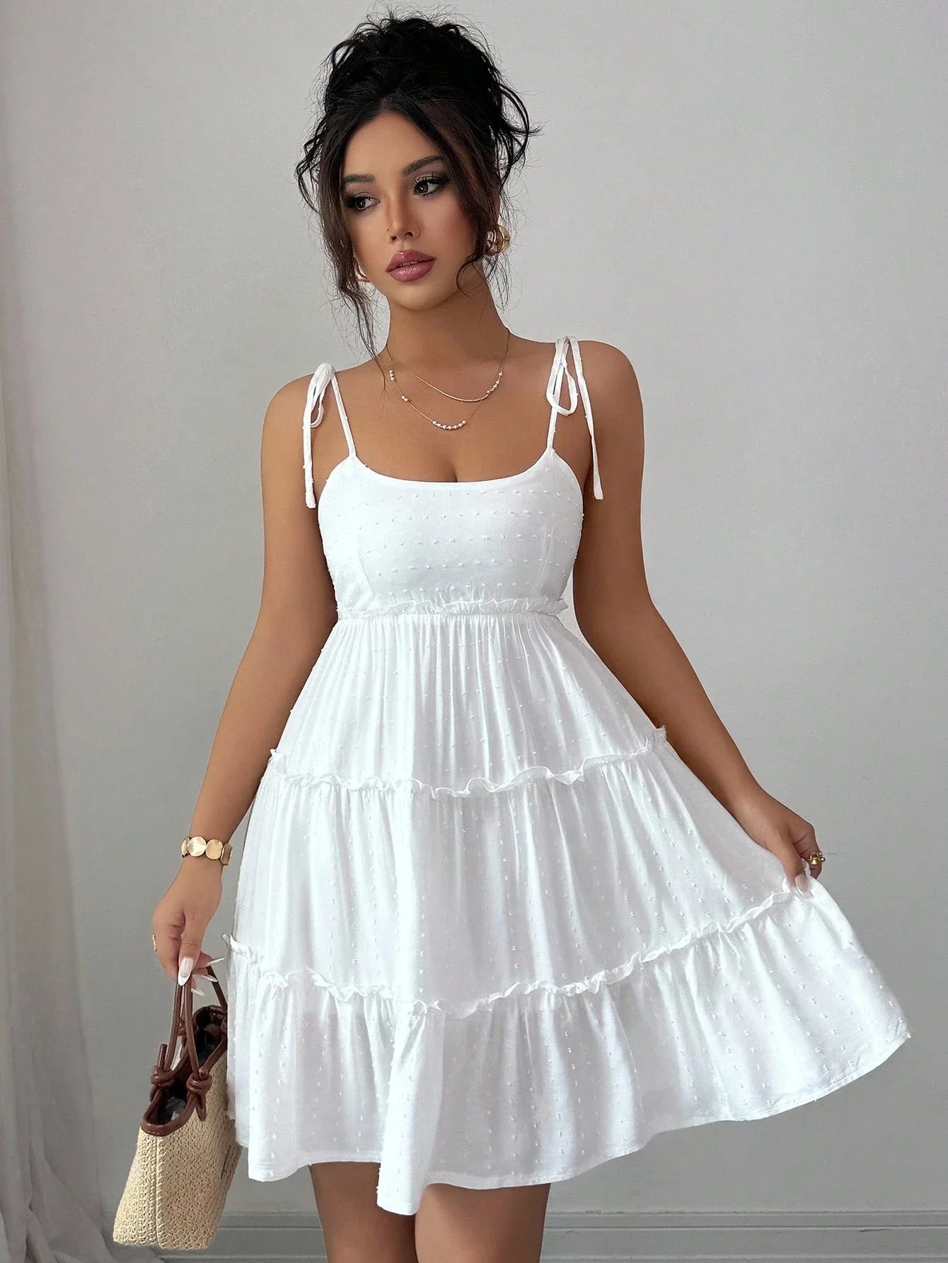 White Swiss Dot Tiered Ruffle Cami Dress Beach Vacation Outfit