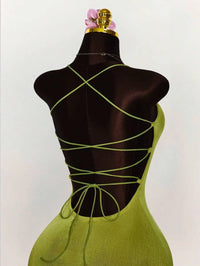 Lime Green Ruched Bust Cross Back Tie Strap Mini Dress