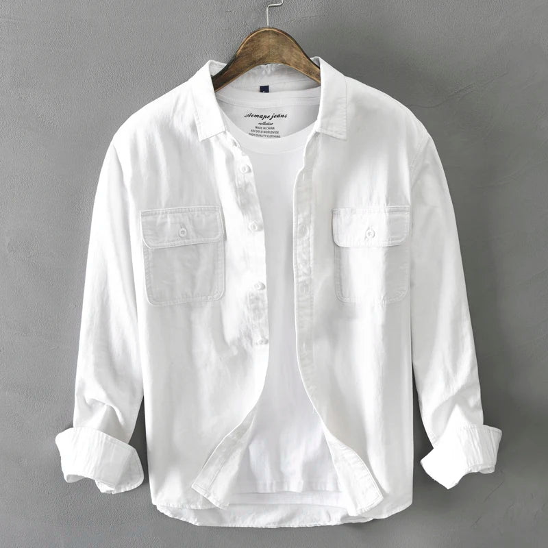 HIQOR New in Mens Vintage Shirt Male Lone Sleeve Cargo Shirts 100% Cotton Casual Solid Shirt Male Pocket Work Shirt Man Clothing