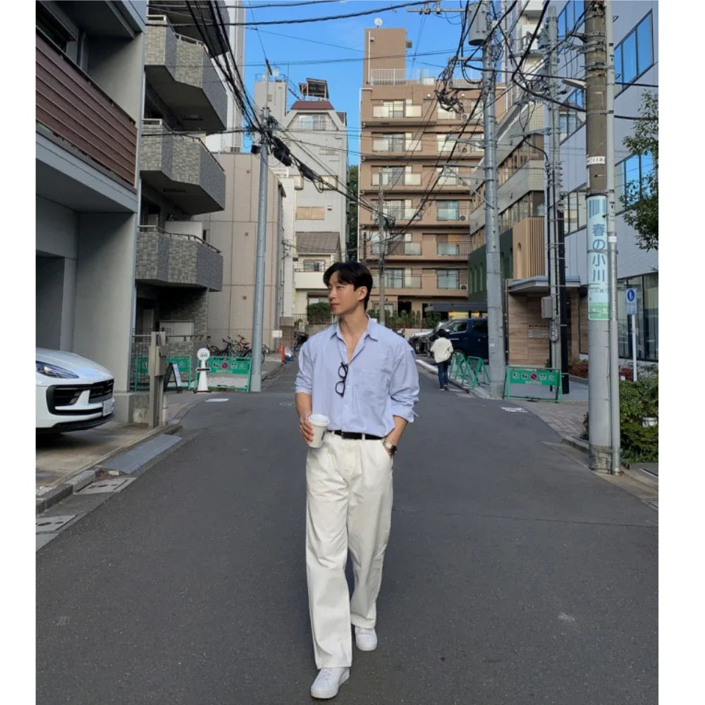 Oversized Men's Niche Striped Shirt, Spring&Autumn Fashion All-Matching Long Sleeve Shirt Coat, Korean Casual Unisex Outdoor