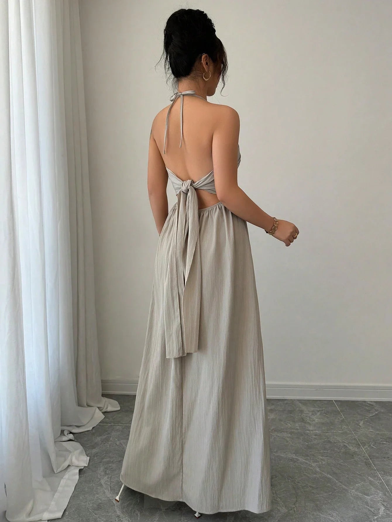 Halter Lace Up Backless A-Line Maxi Dress