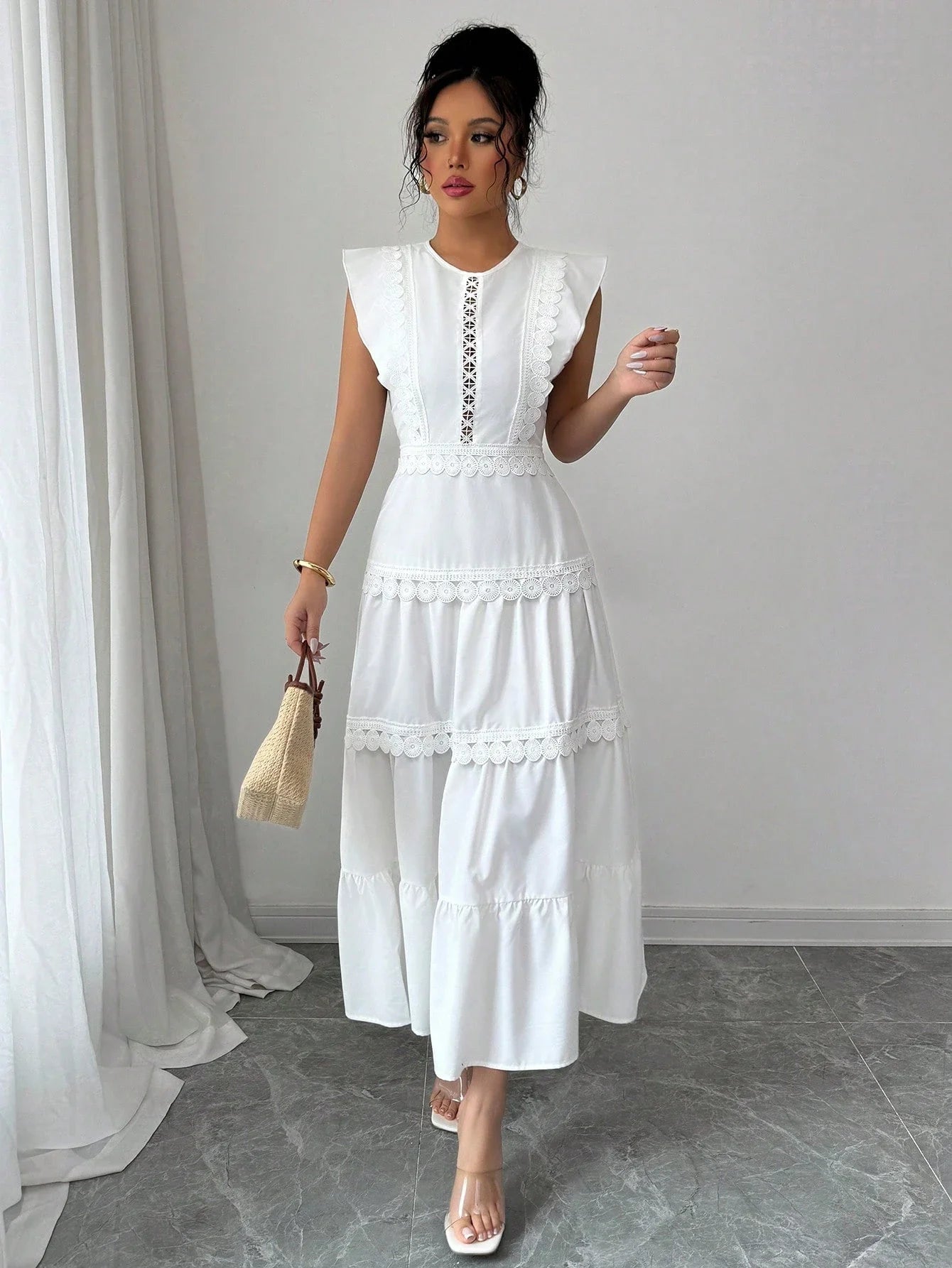 White Lace Trim Tiered Maxi Dress With Puff Sleeve Round Neck