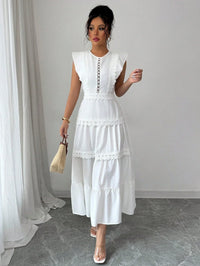 White Lace Trim Tiered Maxi Dress With Puff Sleeve Round Neck
