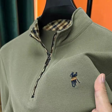 Pure Cotton Plus Size Men Zipper Stand Collar Polo Shirts Long Sleeve Autumn Winter Men T-shirts Embroidered Tops