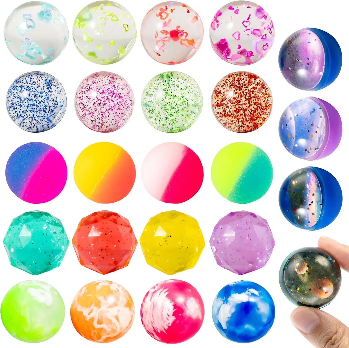 JOYFY 24 PCS Multistyle Bouncy Balls 6 Styles 32mm Assorted Bouncy Balls Bulk for Kids Party Favors Chirstmas Birthdays Gifts