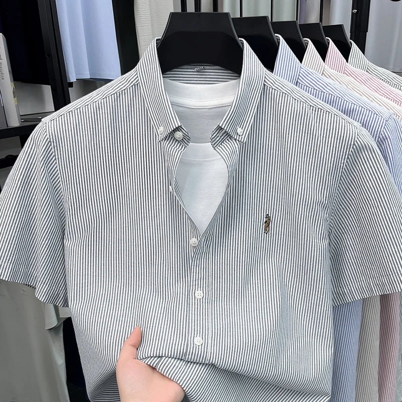 100% Pure Cotton Short Sleeved Shirt 2026 Summer New Men's Button Up Lapel Fine Stripe Middle-aged and Young Half Sleeved Shirt