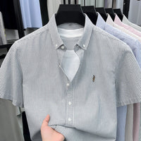 100% Pure Cotton Short Sleeved Shirt 2026 Summer New Men's Button Up Lapel Fine Stripe Middle-aged and Young Half Sleeved Shirt