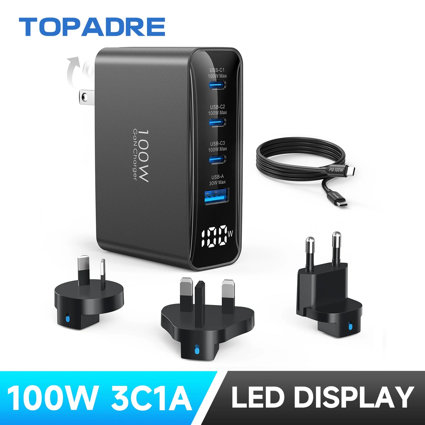 100W USB C Travel Charger, 4-Ports Foldable Travel Adapter Plug Converter With UK/EU/AU Plugs, Fast Charging For IPad iPhone
