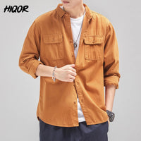 HIQOR New in Mens Vintage Shirt Male Lone Sleeve Cargo Shirts 100% Cotton Casual Solid Shirt Male Pocket Work Shirt Man Clothing