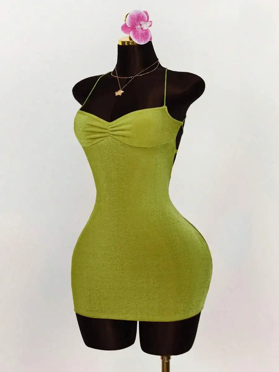Lime Green Ruched Bust Cross Back Tie Strap Mini Dress