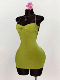 Lime Green Ruched Bust Cross Back Tie Strap Mini Dress