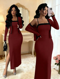 Elegant Pink 2 Piece Set Long Sleeve Cardigan And Slip Dress For Party Formal Evening