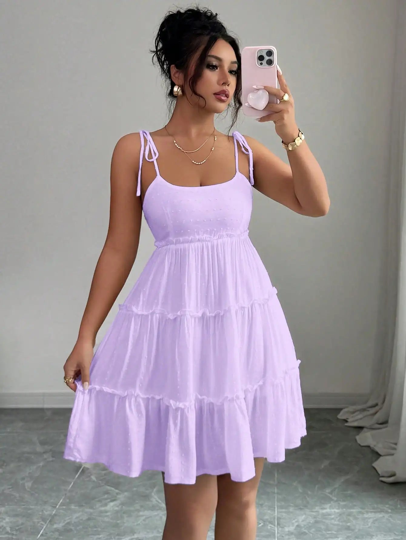 White Swiss Dot Tiered Ruffle Cami Dress Beach Vacation Outfit
