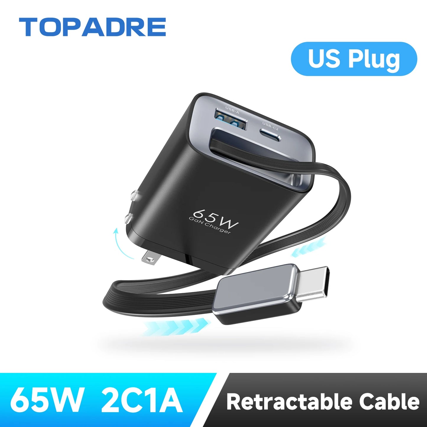 65W GaN PD3.1 Fast Charger With Retractable Cable , 3-Port Type-C + USB-A Travel Adapter For IPhone ,  Laptops, Galaxy Series