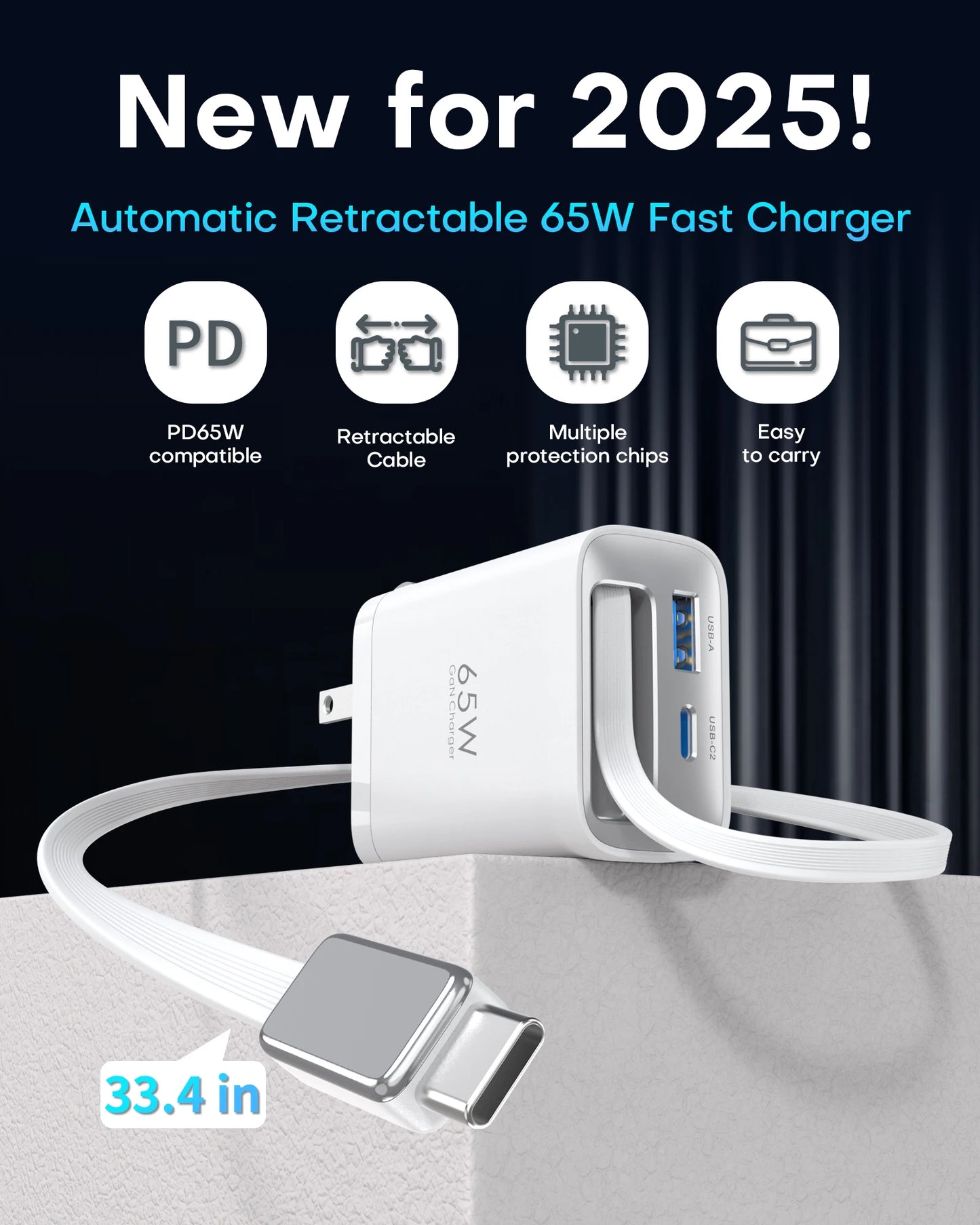 65W GaN PD3.1 Fast Charger With Retractable Cable , 3-Port Type-C + USB-A Travel Adapter For IPhone ,  Laptops, Galaxy Series