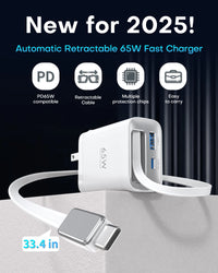 65W GaN PD3.1 Fast Charger With Retractable Cable , 3-Port Type-C + USB-A Travel Adapter For IPhone ,  Laptops, Galaxy Series