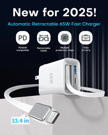 65W GaN PD3.1 Fast Charger With Retractable Cable , 3-Port Type-C + USB-A Travel Adapter For IPhone ,  Laptops, Galaxy Series