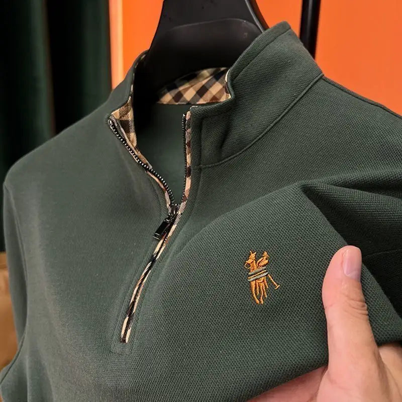Pure Cotton Plus Size Men Zipper Stand Collar Polo Shirts Long Sleeve Autumn Winter Men T-shirts Embroidered Tops
