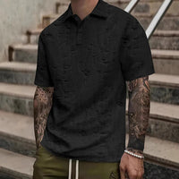 Men s Casual Short Sleeve T-Shirts with Vintage Distressed Texture and Stylish Button Lapel V Neck Design for Summer Wear