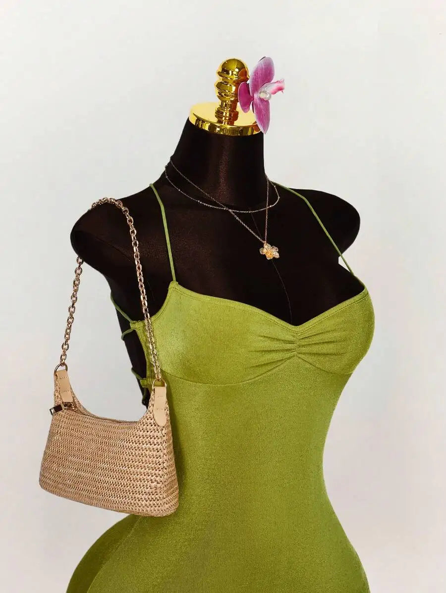 Lime Green Ruched Bust Cross Back Tie Strap Mini Dress