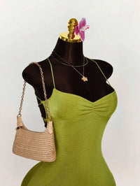 Lime Green Ruched Bust Cross Back Tie Strap Mini Dress
