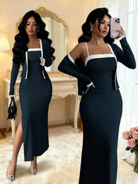 Elegant Pink 2 Piece Set Long Sleeve Cardigan And Slip Dress For Party Formal Evening