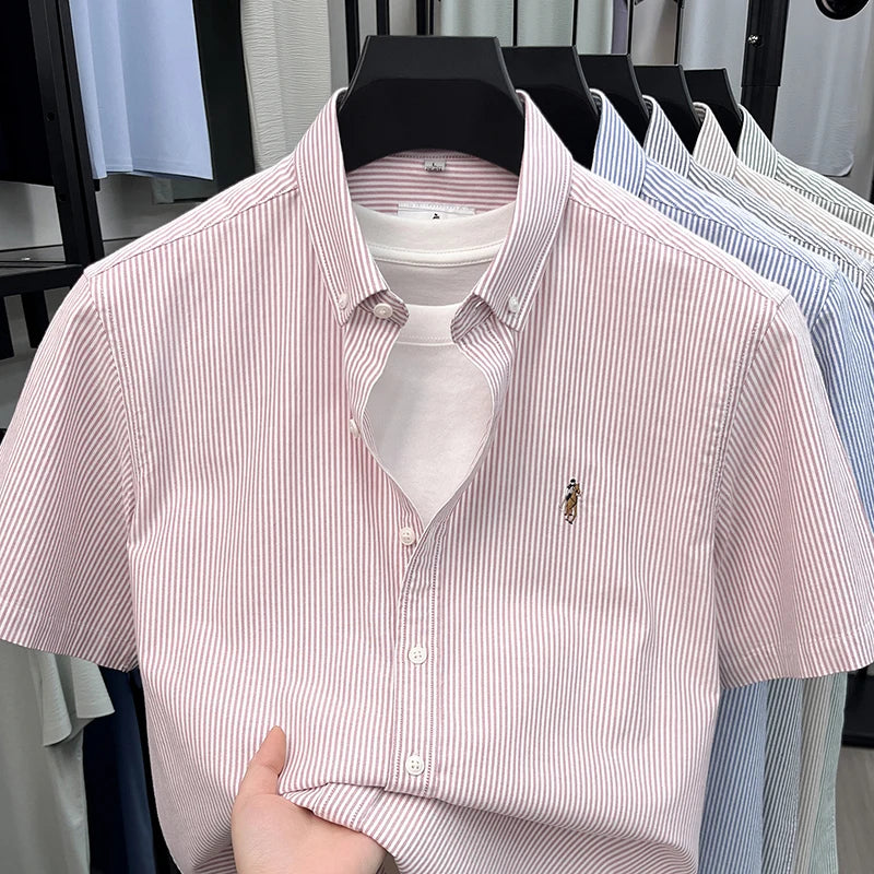 100% Pure Cotton Short Sleeved Shirt 2026 Summer New Men's Button Up Lapel Fine Stripe Middle-aged and Young Half Sleeved Shirt