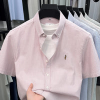 100% Pure Cotton Short Sleeved Shirt 2026 Summer New Men's Button Up Lapel Fine Stripe Middle-aged and Young Half Sleeved Shirt
