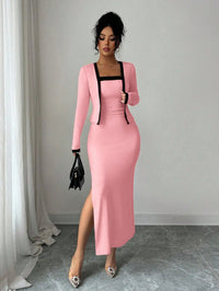 Elegant Pink 2 Piece Set Long Sleeve Cardigan And Slip Dress For Party Formal Evening