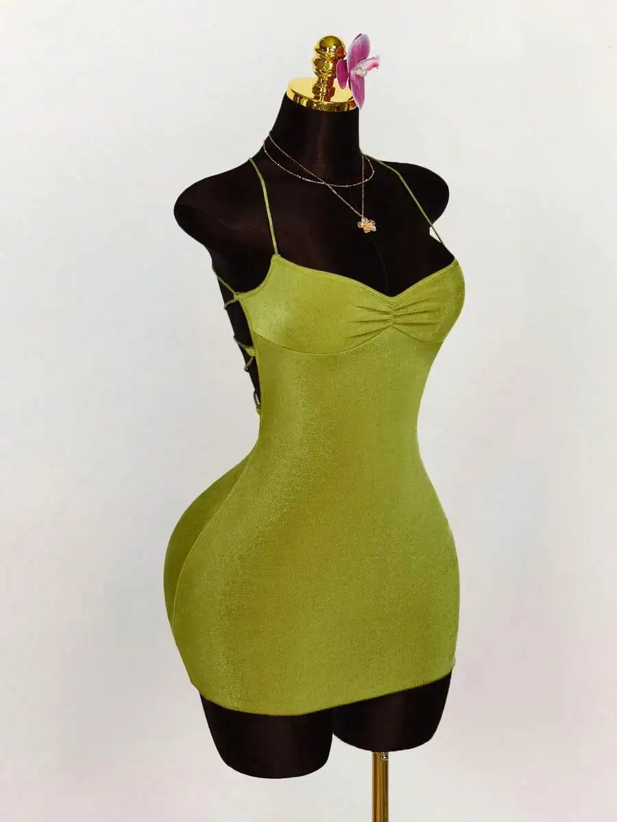 Lime Green Ruched Bust Cross Back Tie Strap Mini Dress
