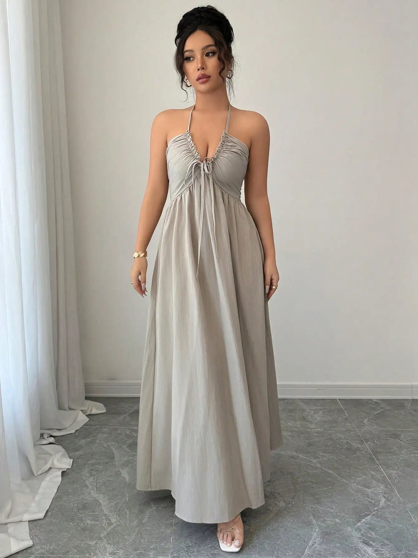 Halter Lace Up Backless A-Line Maxi Dress