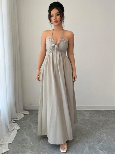 Halter Lace Up Backless A-Line Maxi Dress