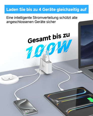 100W USB C Travel Charger, 4-Ports Foldable Travel Adapter Plug Converter With UK/EU/AU Plugs, Fast Charging For IPad iPhone