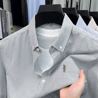 100% Pure Cotton Short Sleeved Shirt 2026 Summer New Men's Button Up Lapel Fine Stripe Middle-aged and Young Half Sleeved Shirt