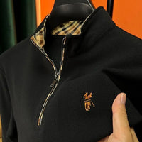 Pure Cotton Plus Size Men Zipper Stand Collar Polo Shirts Long Sleeve Autumn Winter Men T-shirts Embroidered Tops