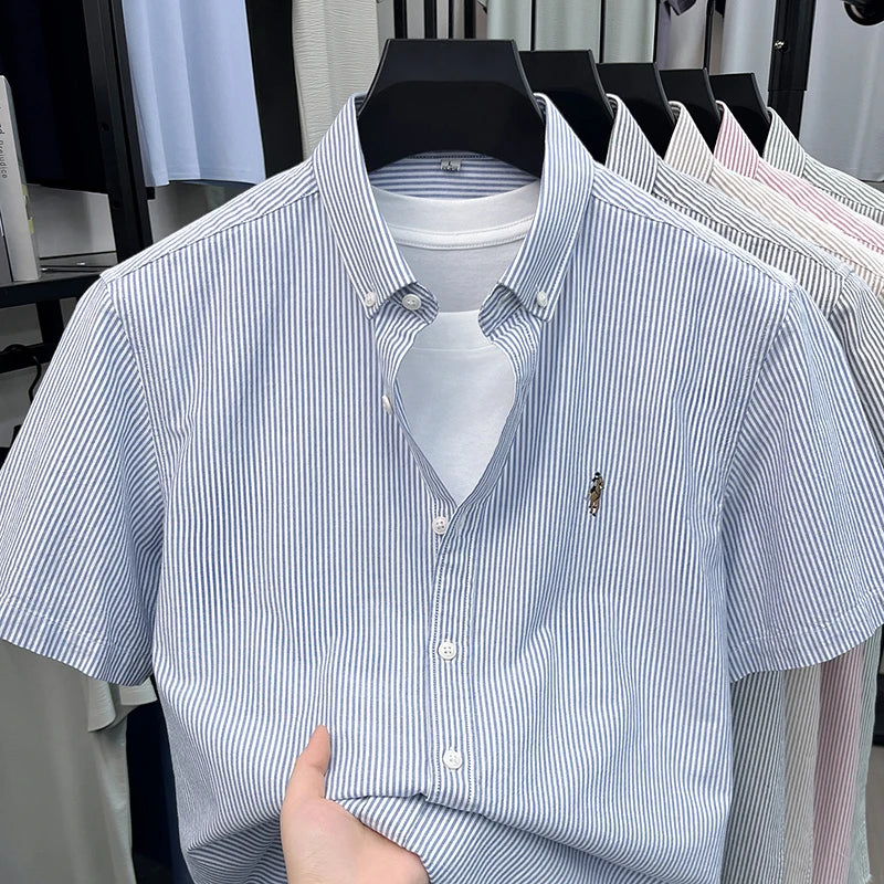 100% Pure Cotton Short Sleeved Shirt 2026 Summer New Men's Button Up Lapel Fine Stripe Middle-aged and Young Half Sleeved Shirt