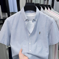 100% Pure Cotton Short Sleeved Shirt 2026 Summer New Men's Button Up Lapel Fine Stripe Middle-aged and Young Half Sleeved Shirt